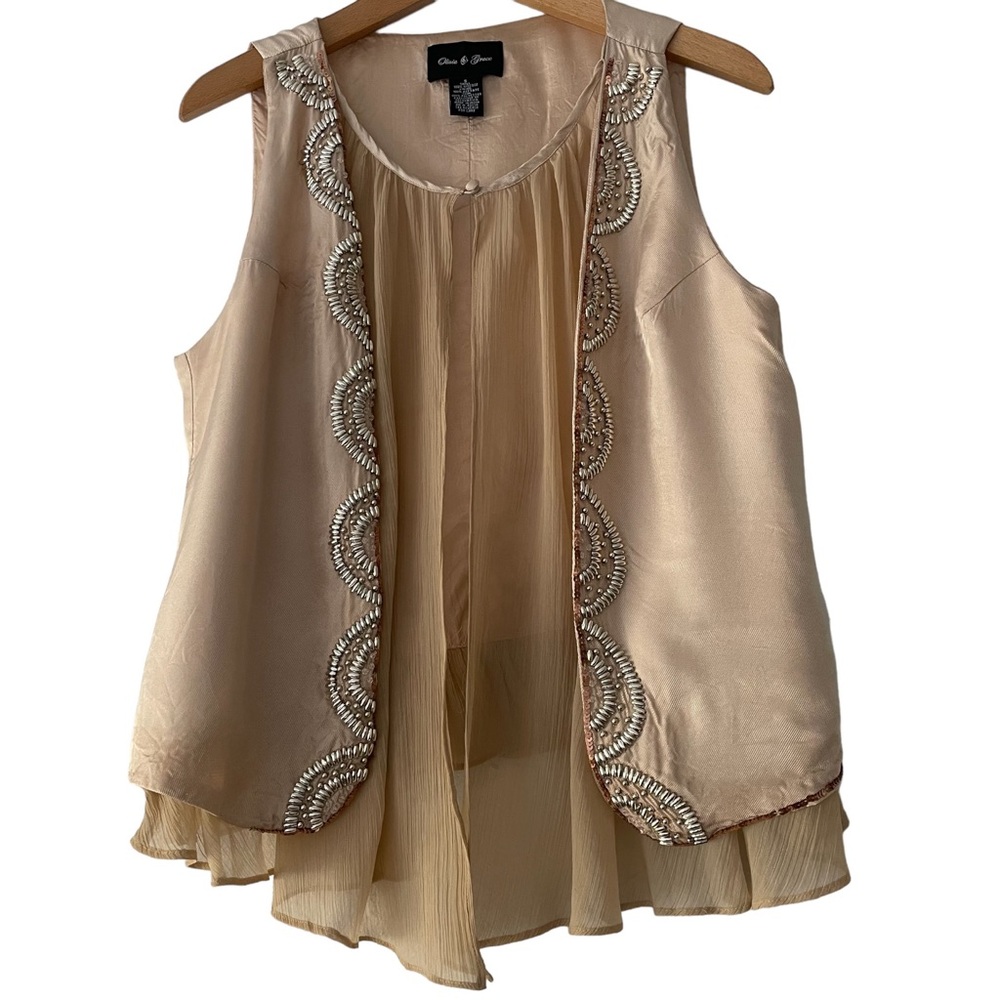 Olivia & Grace, embellished, sequenced, beaded satin Open Front Ruffle Vest Sz S